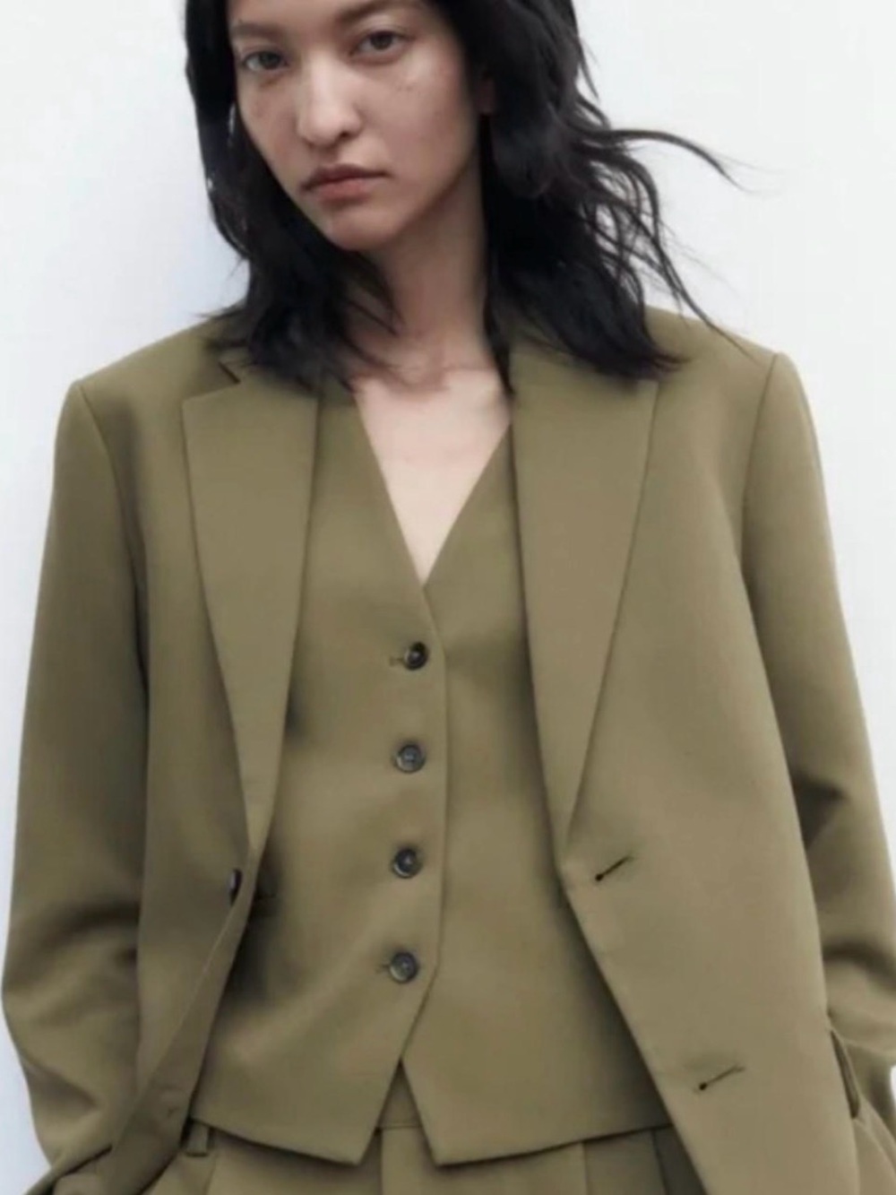 Zara fitted shoulder pad Women's  Blazer- Light Khaki